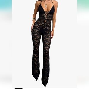Molilove Women's Lace Jumpsuit Stretch See Through V Neck Drawstring Backless